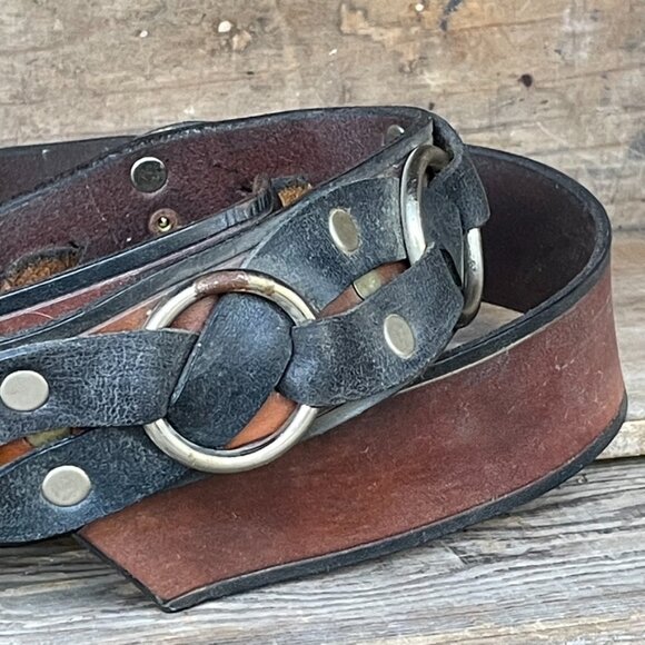 Vintage Biker Motorcycle Belt Leather Strap Black /  Brown with Rings & Rivets - Picture 4 of 14